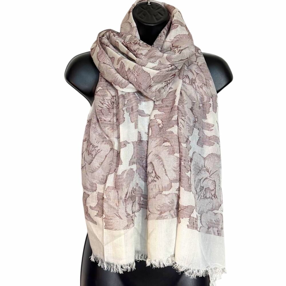 VTG 100% Pashmina Floral Damask Burnout Scarf Wrap Shawl Mauve Pink Cream Fringe